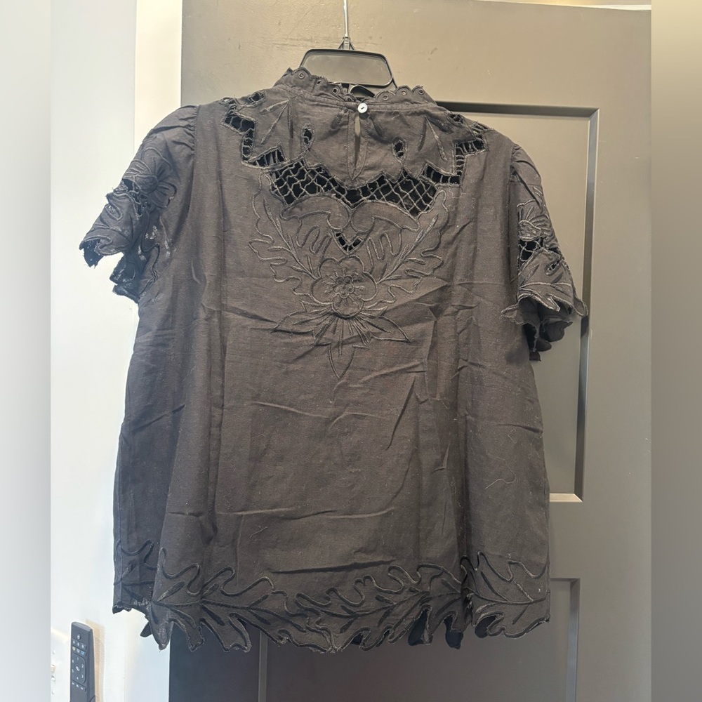 Sundance Ayre Lace Blouse Top Black Cutout Floral Ruffle Cotton Short Sleeve LG - Picture 8 of 13